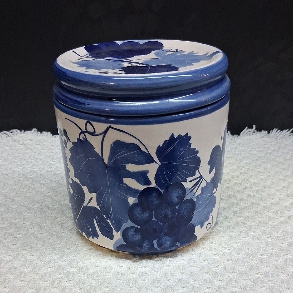 Vtg. Ceramic Canister Featuring Blue Grapevinepattern